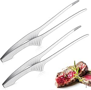 Patelai 2 Pieces Korean and Japanese BBQ Tongs Non Slip Cooking Utensils Stainless Steel Tongs for Serving Food, Salad, Camping, Barbecue, Buffet, Oven with Support Stand (Silver)