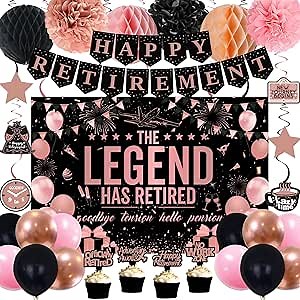Retirement Party Decorations Women, Rose Gold Black Happy Retirement Decorations Female, Happy RetIrement Banner, Retired Backdrop, Balloons, Pompom, Hanging Swirl, Retired Card, Cake Topper 54pcs