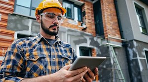 Construction Worker Using Tablet: A focused construction worker in a hard hat and safety glasses carefully reviews plans on his tablet, with a partially renovated building in the background. The image