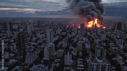 City burns with fire and fire. Smoke and smoke fill sky. Destruction breaks skyline. Night disaster spreads fast. Explosion after explosion fuels apocalypse, destruction, and total fire disaster