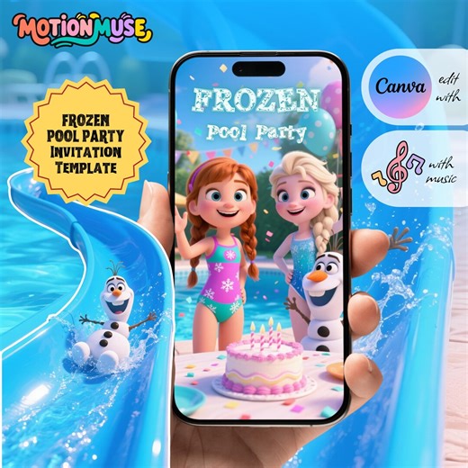 Frozen Pool Party Birthday Invitation, Animated Video, Digital Canva Template, Instant Download - Etsy