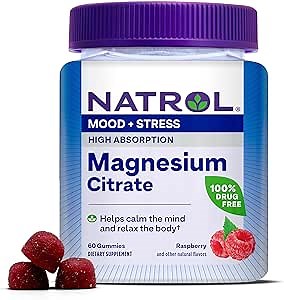 Natrol Magnesium Citrate, High Absorption Magnesium Supplement for Mood and Stress, Helps Calm The Mind and Relax The Body, 60 Raspberry-Flavored Gummies, Up to a 30 Day Supply