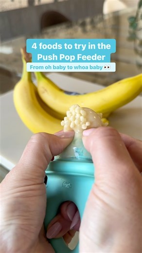 Introduce your baby to a world of food, without a world of stress 😅 Our NEW Push Pop Feeder lets you serve up easy noms, no matter the menu. 🥑 Silicone tips safely strain fresh or frozen foods 🍌 Push-pop design keeps food up top so you don’t have to take it apart and refill halfway through their snack sesh or meal 🥦 Start around 4 months with veggies or fruits in the Small Tip, switch to Large when they’re ready and use the Puree Tip for things like yogurt or hummus any time Available as a s