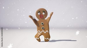 dancing gingerbread with snow on a winter background. Christmas holiday fun animation