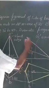how to draw the projections of a square Pyramid resting on a slant edge on HP/ Engineering Drawing
