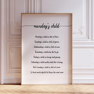 Monday's Child Poem Print - Nursery Rhyme Wall Art in Script Font, Contemporary Version, Personalised New Born Baby Shower Gift - Etsy