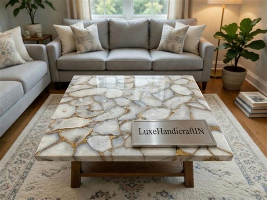 White Agate Coffee Table | Natural Gemstone Slab Center Table, Luxury Furniture - Etsy