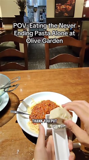 L O N E on Instagram: "Solo date to Olive Garden Part 5! The NEVER ENDING pasta is only $15.99 and it ends next week! Also, I really like the cheese #pov #Vlog #solodate #cheese #adayinmylife #neverendingpastabowl #fyp @olivegarden"