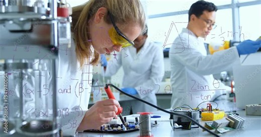 Woman engineer powering iron, soldering PCB in lab while formulas overlay bench for testing