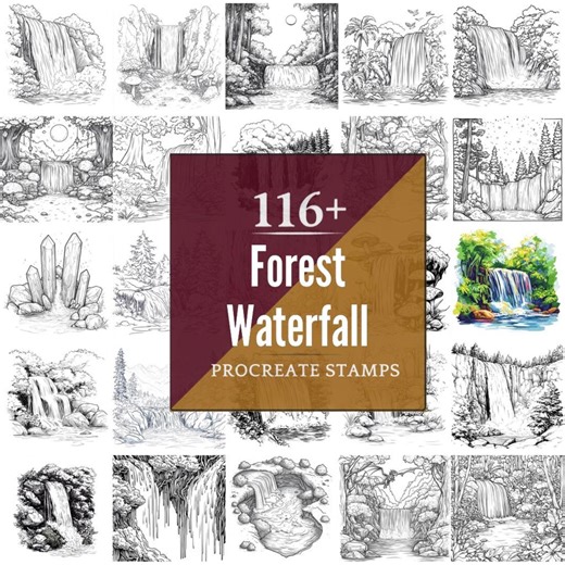 Forest Waterfall Procreate Brushes & PNG Bundle | 116  Designs (Digital Download)