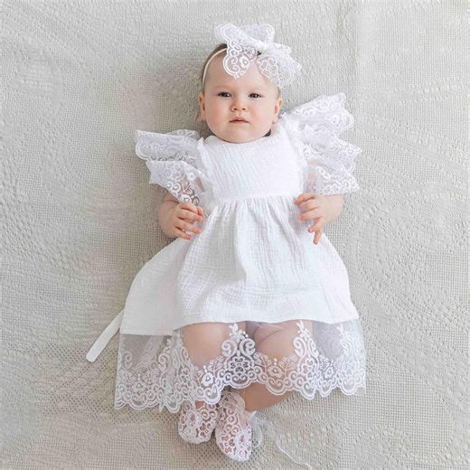 Baby Girl Baptism Dress Set With Lace | Muslin Christening Outfit, Headband & Booties - Etsy