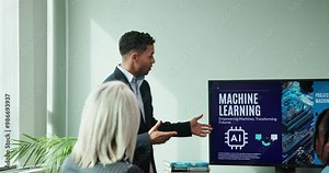 Conference, discussion and man with presentation in office for AI project, pitch or development idea. IT, meeting and business people with workshop for computer science, training and machine learning