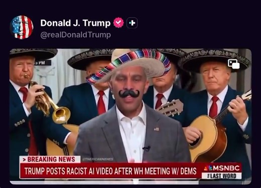 🚨 LMFAO! After Hakeem Jeffries melted down on MSNBC over Trump’s meme dressing him up as a Mexican, 47 doubled down and posted ANOTHER one, with Trump appearing in the background as a mariachi band | The US Savior