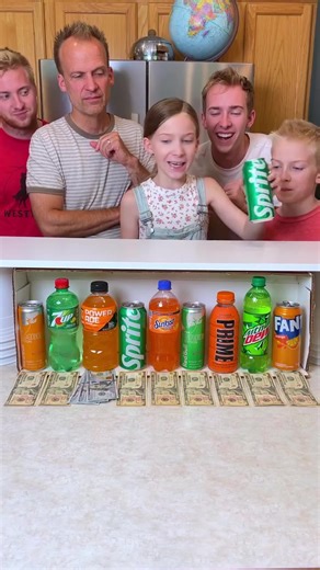 "Orange & Green Matching Game - winner gets $300 🤑 Kids, Dad, and whole family play diy party game where they match drinks like prime, redbull, sprite, gatorade, Fanta, 7up and powerade for money prizes. Funny game to play at home with friends and family using snacks from around the house." 🎬 This video was produced by Network Media and Benson Bros | Play Together Stay Together