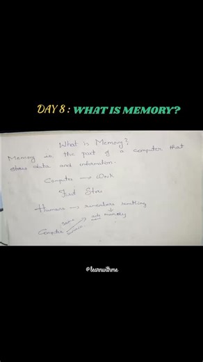 Learn With Me | Computer Basics on Instagram: "Day 8 of 30: What is Memory? Simple Computer basics for beginners #learnwithme #computerbasics #30DaysChallenge #reels #Memory"