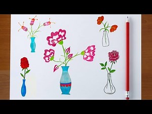 How to draw 10 type flowers pot drawing easy with colour pencil