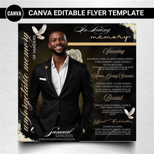 Black & Gold Funeral Invitation Template, Editable Memorial Flyer (canva - Etsy