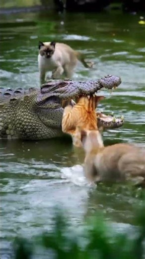 Crocodile Bites Cat Orange, another cat tries to save the entangled cat #cat #crocodile #502