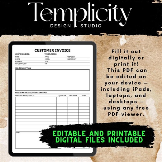 Editable Auto Repair Invoice Template: Printable Mechanic Receipt (PDF) - Etsy