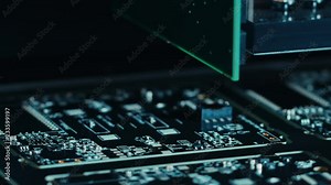 Close-up Macro Shot of Electronic Factory Machine at Work: Printed Circuit Board (PCB) Being Assembled with Automated Robotic Arm, Surface Mounted Technology (SMT) Connecting Microchips to Motherboard