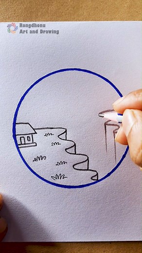 Drawing of a Mountain Scene Inside a Circle #drawing #art #reels | Rongdhonu Art and Drawing