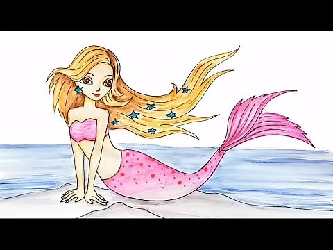 How to draw a Barbie Mermaid at the sea.. step by step / Drawing Tutorial