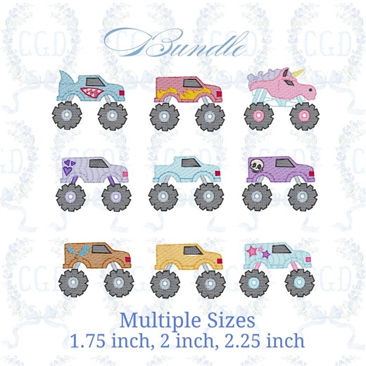 Monster Truck Bundle Machine Embroidery Designs | 9 Monster Trucks | Boy & Girl Trucks | Sketchy Light Fill Stitch | 3 Sizes Each - Etsy