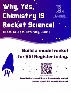 BLAST OFF! During this event, attendees will learn the chemistry of model rocketry and build their very own model rocket! There will be chemistry demonstrations, and registrants will launch their model rockets as a grand finale. Participants are required to be 9 and older, and only a limited number of spots are available. Rocket building begins at 10 a.m. in Stymelski Veteran’s Park, and launches begin at 12:30 p.m. in Ford Field Park The registration fee is $5, and you can sign up today or lear