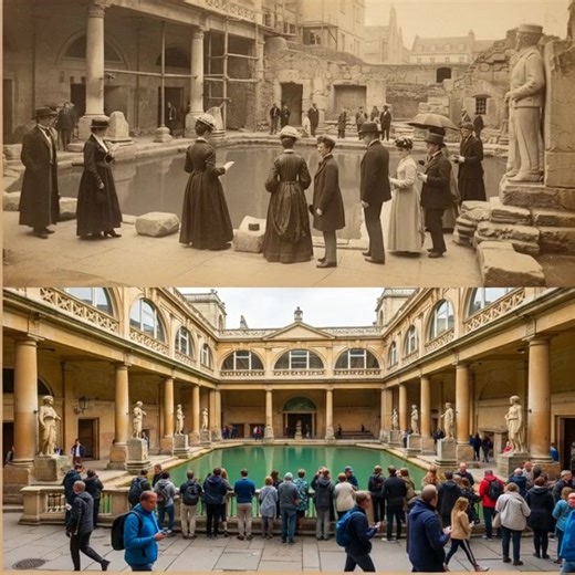 The ancient Roman Baths in Bath, a testament to Roman ingenuity, depicted in a late 19th-century photograph and its remarkably preserved state today. Constructed around a natural hot spring, this complex was a major religious spa and social centre in Roman Britain, attracting visitors for millennia. | WarWhiz