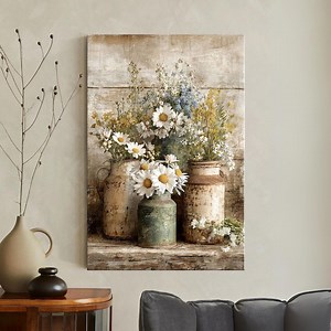 Rustic Wildflower Canvas Wall Art, Vintage Farmhouse Decor, Country Cottage Daisies, Shabby Chic Floral Still Life, Antique Milk Jug Bouquet - Etsy
