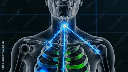 xray torso with highlighted spinal column, transparent anatomy animation revealing vertebrae, discs, ribcage and pelvic markers with XR interface for orthopedic planning, diagnostic