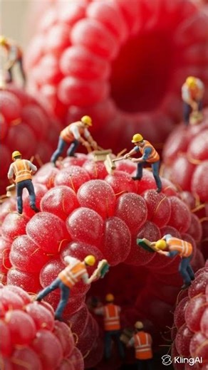 Tiny workers cleaning the surface of giant raspberries 🍓 #miniworld #ai #tinyworkers #rasberry