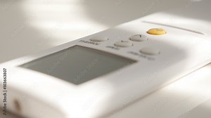 Remote control POWER button for turning on AC device 4K 2160p 30fps UltraHD video - Air conditioner RC power button pressed with finger 4K 3840X2160 UHD footage