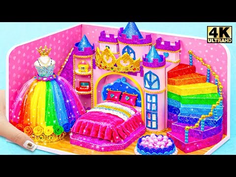 Recycling Cardboard into a Princess Castle with Royal Bed, Rainbow Water Slide❤️ DIY Miniature House