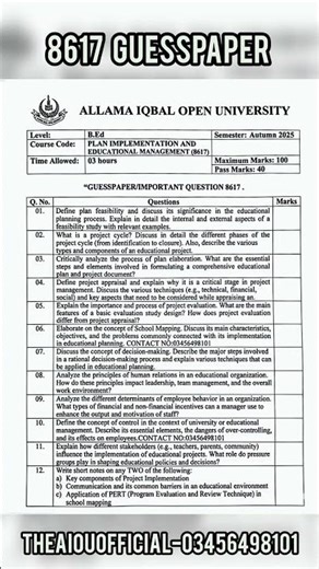 8617 Guess Paper AIOU 2026 | 8617 Plan Implementation and Educational Management Important Questions