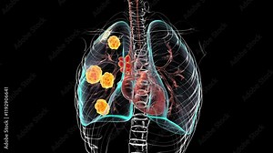 Human lungs affected by blastomycosis, 3D animation showing fungal infection caused by Blastomyces dermatitidis, highlighting lung nodules and granulomas with characteristic morphology.