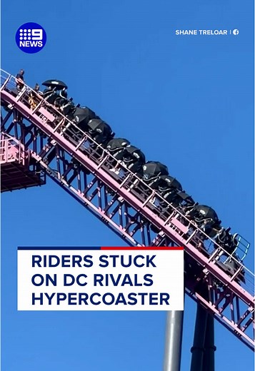 Video posted to social media shows thrill seekers stranded in 30 degree heat after the DC Rivals HyperCoaster became stuck at Movie World on the Gold Coast. Village Roadshow Theme Parks has confirmed all guests are safe and were being evacuated from the safe stop zones. #9News #MovieWorld #GoldCoast #RollercoasterStuck #DCRivalsHyperCoaster 📸: Shane Treloar