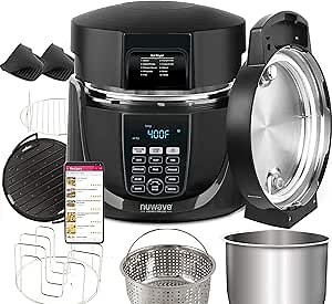 NuWave Duet Pressure Cooker, Air Fryer & Grill Combo Cooker with Removable Pressure and Air Fry Lids, 6qt Stainless Steel Pot, 4qt Stainless Steel