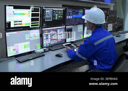 Industrial Control Room Operator - Engineer Monitoring System Data on Screens and Tablet in Power Plant Stock Video Footage - Alamy