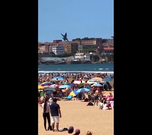 Spanish F-18 performs evasive manoeuvre due to flock of birds at airshow