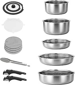 Caannasweis Detachable Nonstick Cookware Set - Stackable Induction Pots and Pans With Removable Handles, Dishwasher Safe - For RV Camping, Oven and Stovetop Use, 5 Pieces (Stainless Steel)