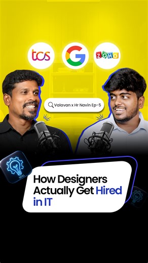 P Valavan on Instagram: "How Designers Actually Get Hired in Top IT Companies! 🚀 | Valavan x HR Navin 🎧 Full Podcast on YouTube → @valavantutorials Ever wondered how designers land jobs in companies like TCS, Google, or Zoho? 💼 In this episode, Valavan talks with HR Navin about the real hiring process, skill expectations, and what makes a designer stand out in IT interviews. If you’re a designer dreaming of working in IT — this is your roadmap to getting hired faster! 🌟 #GraphicDesignCareer 