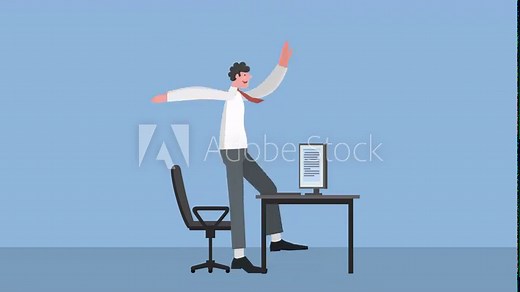 Happy Cartoon Computer Workplace with Joyful Man Character Success Jumping Side View Animation