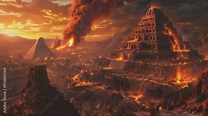 Apocalypse thousands of years ago. Ruins of a burning ancient city. Ancient civilization on fire