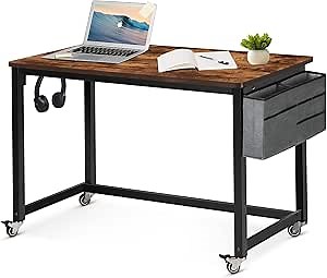 AHB 39" Rolling Computer Desk with 4 Smooth Wheels, Simple Style Mobile Writing Desk Home Office Study Table Movable Workstation with Metal Frame