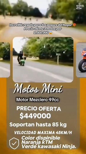 Motos para los regalones de la casita 🥰 un excelente regalo Motos mini ✅ Motor mezclero 49cc ✅ Soporta hasta 85 kilos ✅ 1 en $ 449.000 🔥 3 por $ 1.000.000 🔥Wsp 942063641 #Mini moto #RegaloNavidad #navidad #por mayor #santiagodechile | Alex y Faby Ebenezer