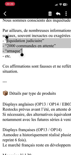 BaronCollections la boutique en ligne spécialisée dans One Piece TCG répond enfin à ses clients et aux rumeurs sur les réseaux sociaux 🏴‍☠️ Ayant commandé plusieurs fois chez BaronCollections, je souhaite savoir une bonne fois pour toute si la boutique en ligne est fiable, merci d’avance pour tous vos retours 🙏 📦 Détails par type de produits Displays anglaises (OP13 / OP14 / EB03) Restocks prévus avant l’été, en attente de nos allocations. Si nécessaire, des alternatives équivalentes pourront