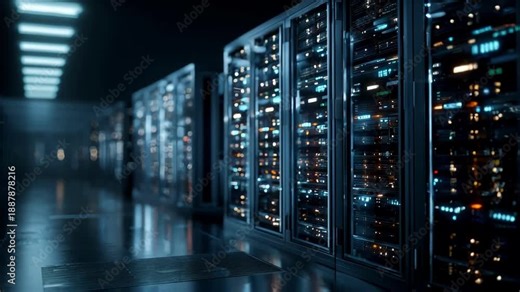 Medium shot of server racks humming with activity illustrating the backbone of fast reliable global content delivery networks in a hightech data center environment.