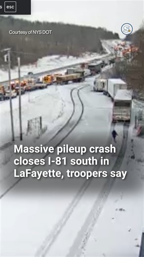 🔗 https://l.syracuse.com/9rfzbm A massive pileup on snowy Interstate 81 involving approximately 30 cars has completely shut down the southbound lanes of the highway. The huge accident was reported around 2:08 p.m. on I-81 south near Exit 73 (LaFayette/Route 20), a New York State Police spokeswoman said. Eight firetrucks and ambulances have been sent to the scene, LaFayette town supervisor Bill McConnell said. This screenshot from a New York State Department of Transportation traffic camera show