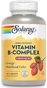 SOLARAY Vitamin B-Complex Chewables, Strawberry, Healthy Energy, Red Blood Cell, Stress & Metabolism Support, 50 Tablets